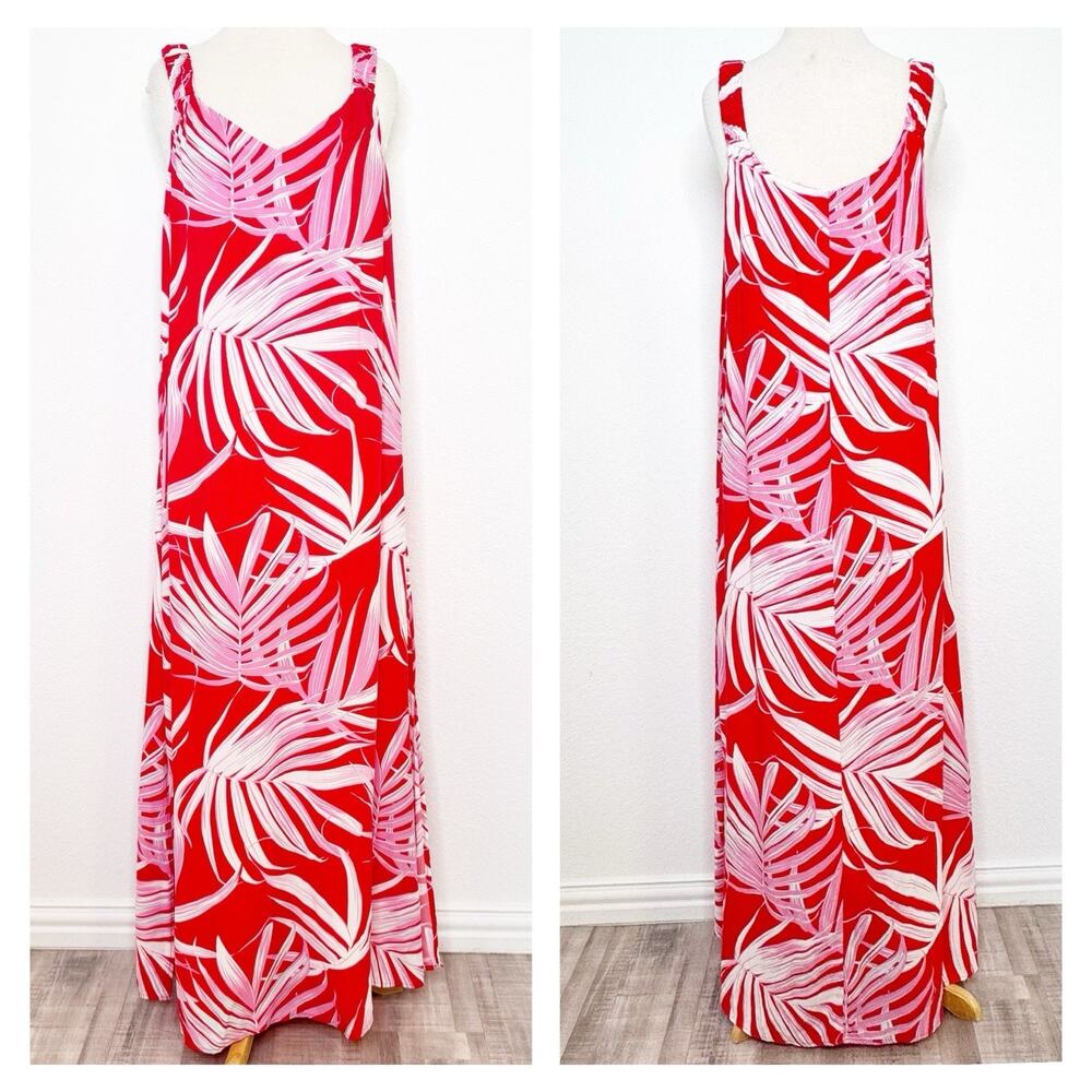 1. State Womens Leaf Print Maxi Dress Sz‎ Large Red Pink Vacation Summer Travel